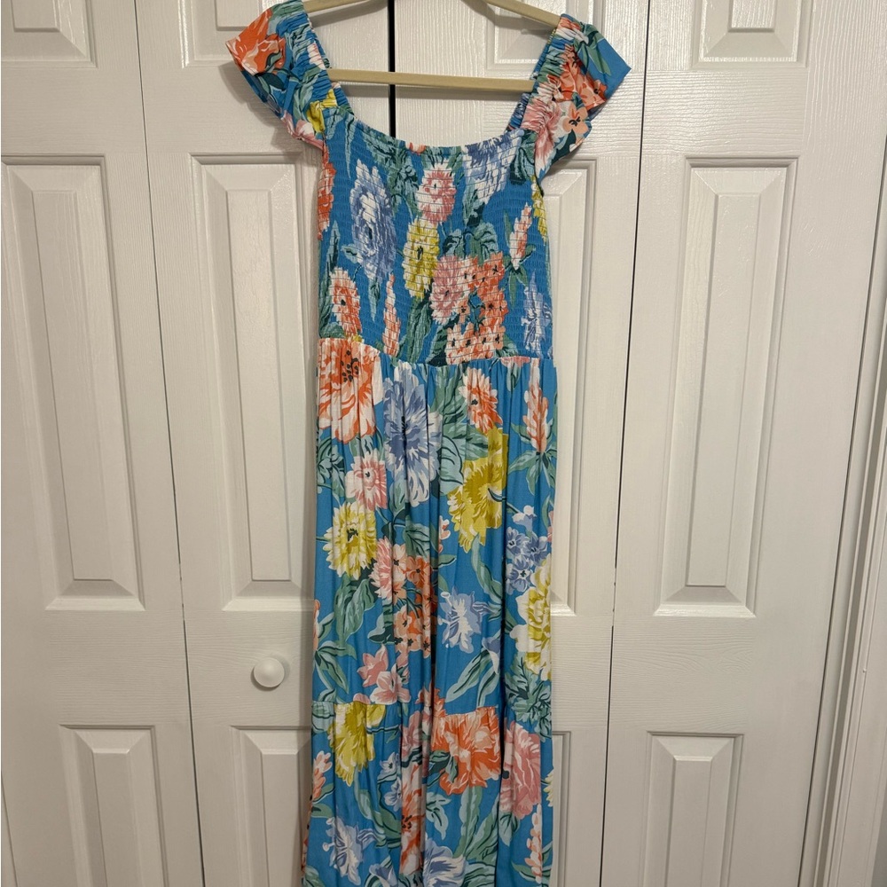 LOFT Blue and Orange Smocked Dress